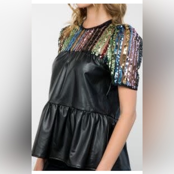 THML Sequin and Faux Leather Baby Doll Top Size XL - Picture 3 of 6
